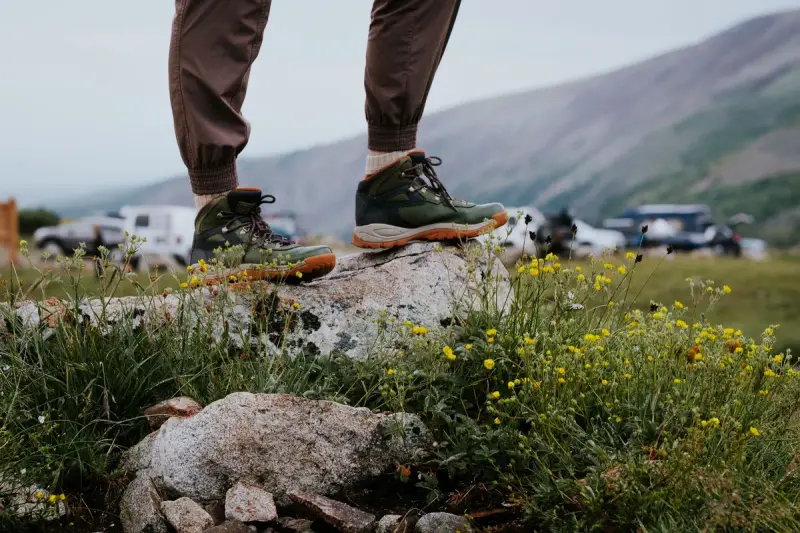 Hiker in boots standing on a rock among wildflowers in Colorado mountains