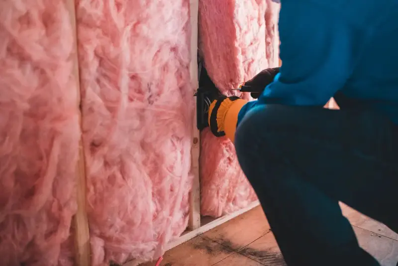 Gloved worker fitting pink stone wool insulation into a wall cavity