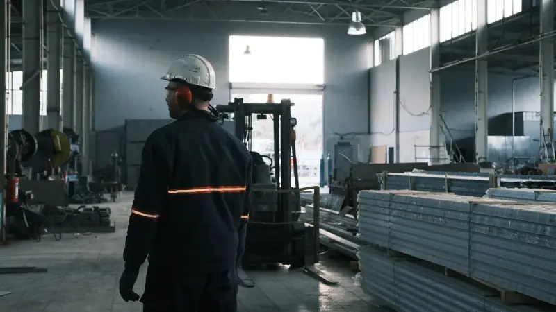 Worker in a hard hat and reflective jacket walking through a metal fabrication plant