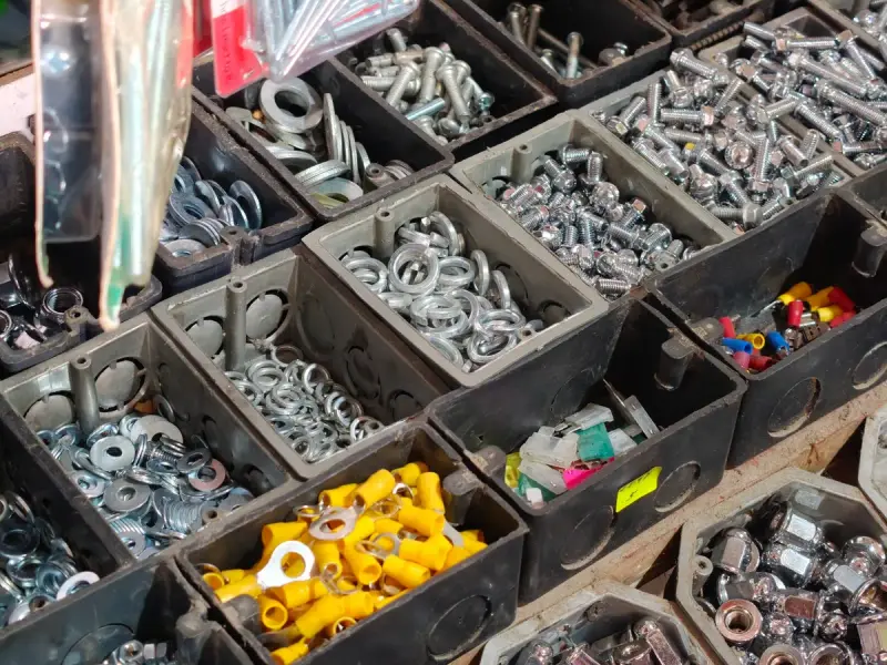 Storage bins full of nuts, bolts, washers and yellow connectors