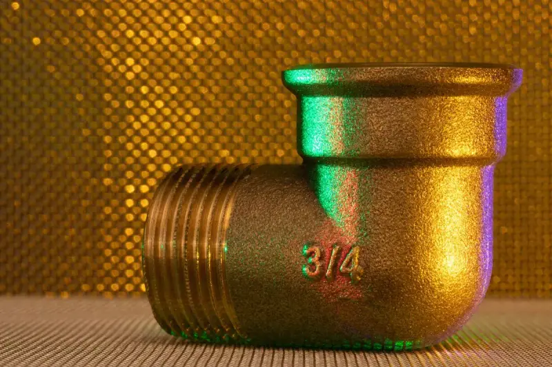 Brass three-quarter-inch elbow pipe fitting on a gold textured background