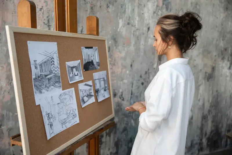Woman in a white blouse reviewing interior design sketches pinned to a corkboard