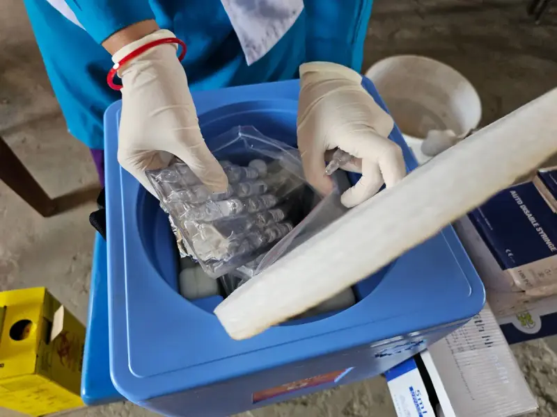 Gloved hands packing vials into a blue insulated container