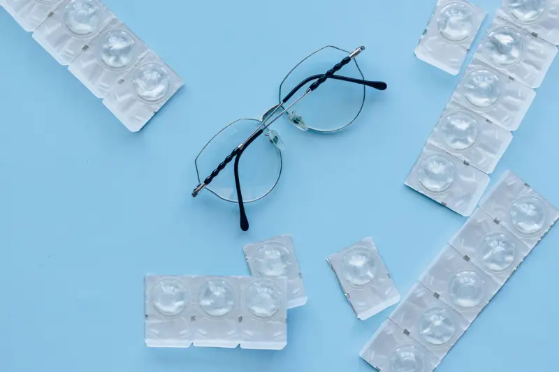 Black eyeglasses and contact lens cases on a blue surface