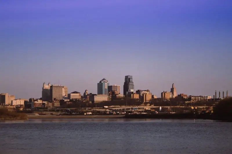 Kansas City skyline from Kaw Point Park under a clear blue sky