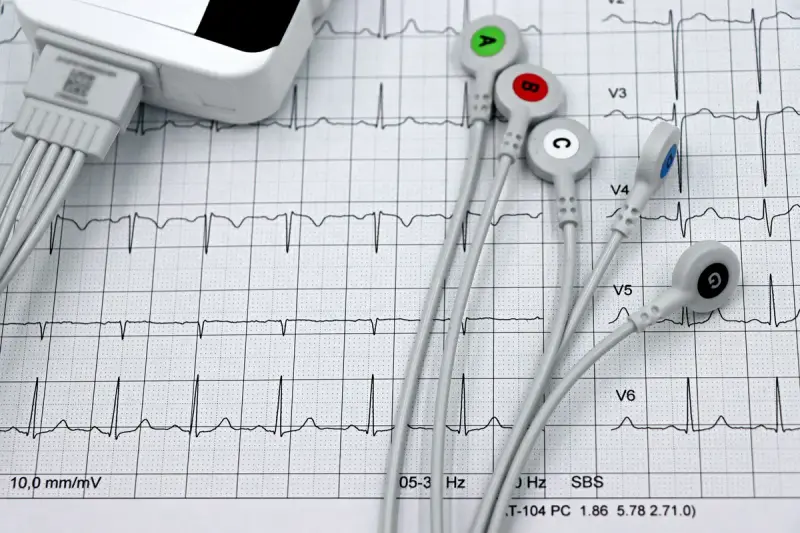 Color-coded ECG lead connectors resting on a printed twelve-lead electrocardiogram tracing