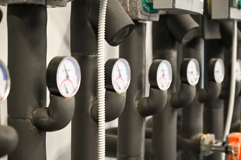 Row of pressure gauges on insulated pipework