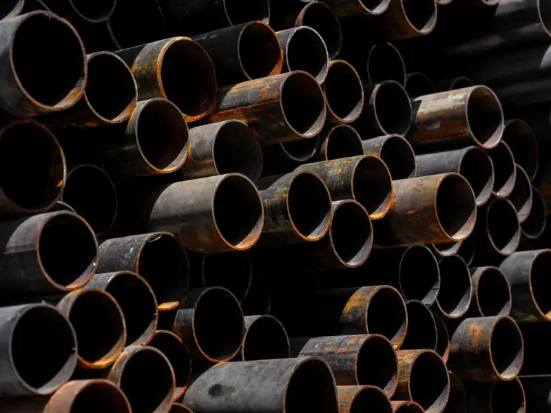 Close-up of stacked rusty steel pipes seen end-on