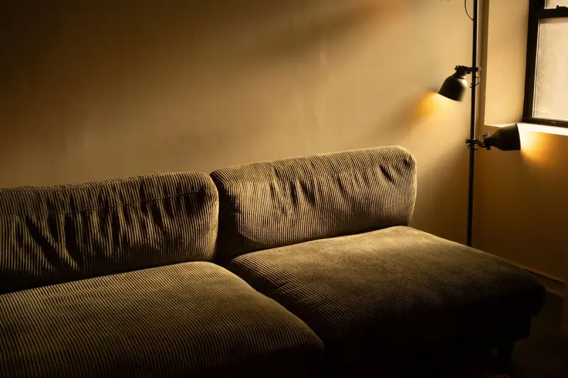 Olive corduroy sofa lit by a black floor lamp in a warm, dim room