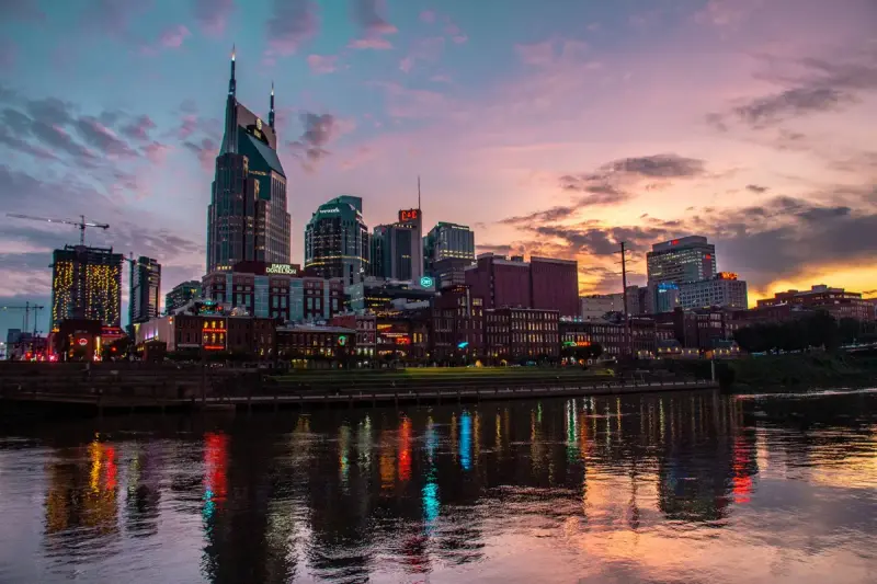 Nashville skyline reflected in the Cumberland River at sunset