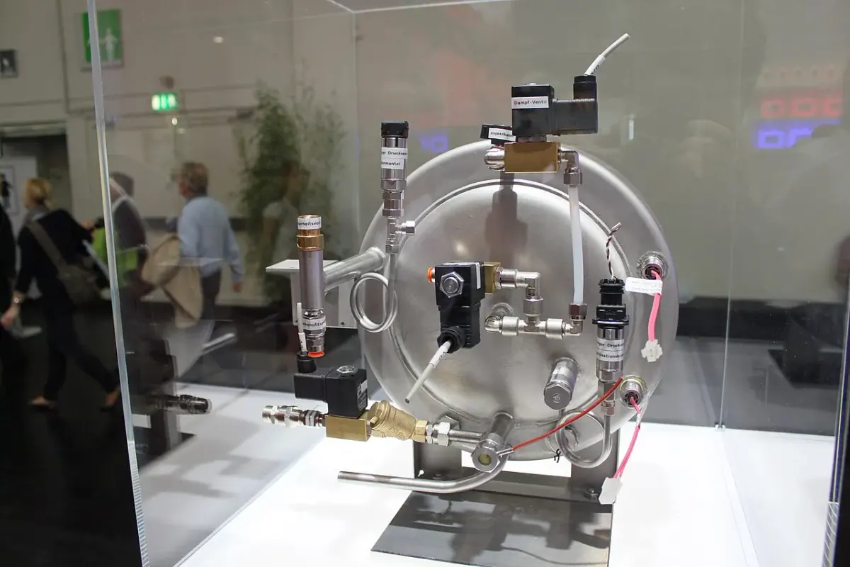 Small sterilizer displayed with visitors in the background at IDS Cologne
