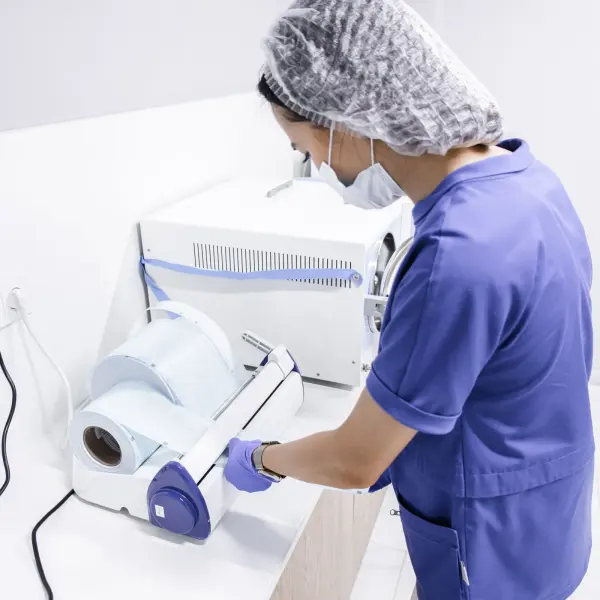 Woman preparing sterilization packaging beside an autoclave