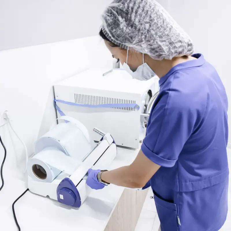 Woman preparing sterilization packaging beside an autoclave