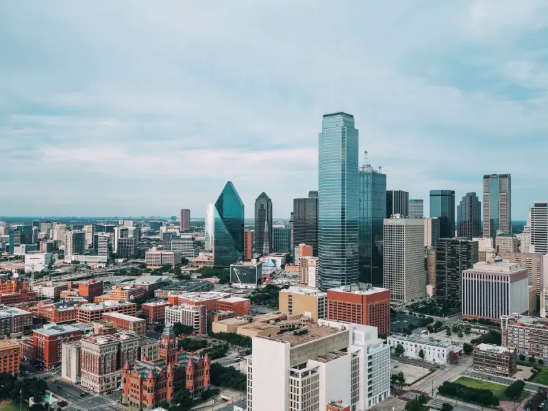 Aerial view of the downtown Dallas skyline on a clear day