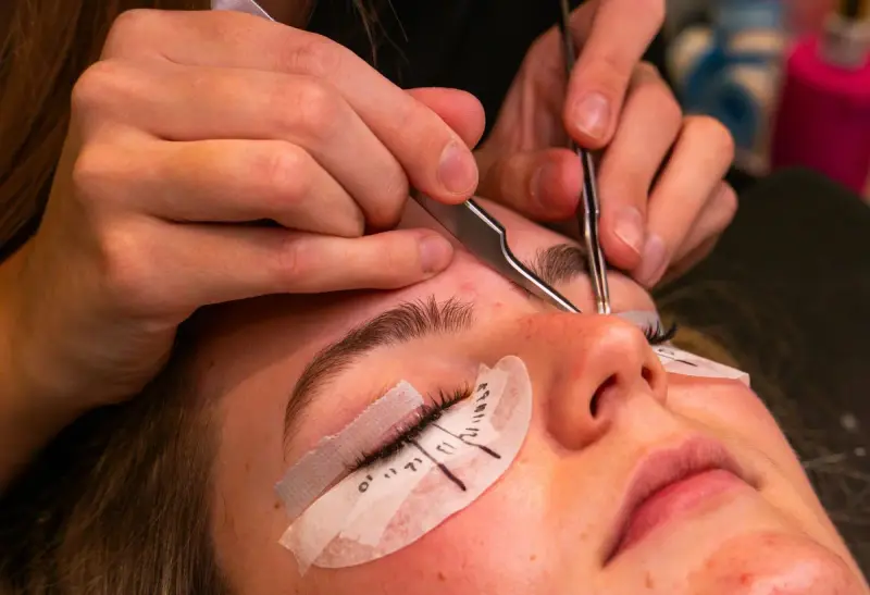 Close-up of tweezers and lash extension tools during a lash appointment