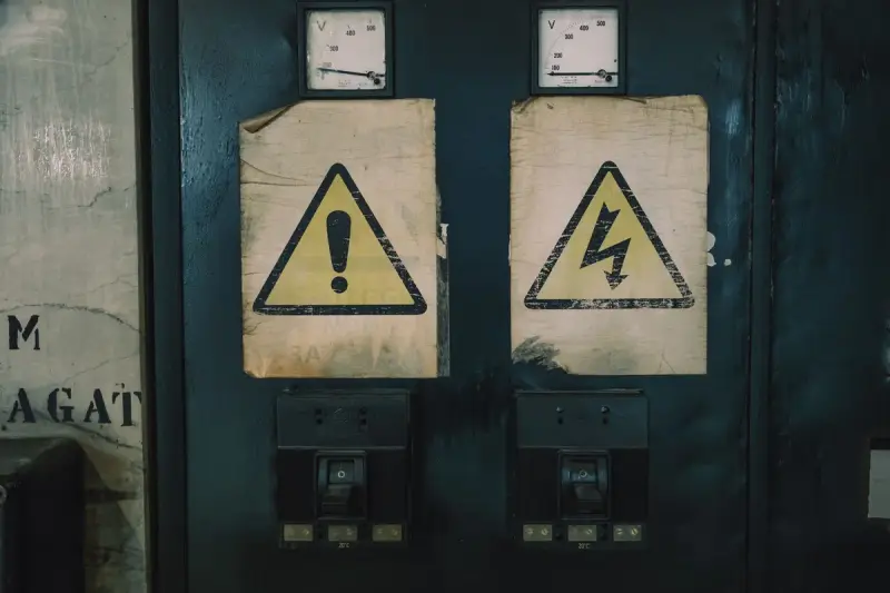 Electrical hazard warning labels and gauges on an aged switchgear panel