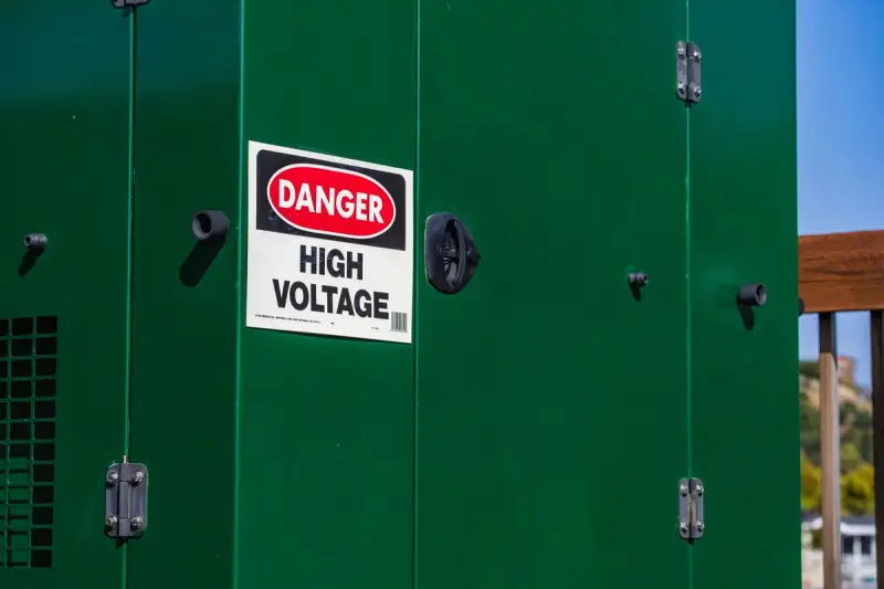 Danger high voltage sign on a green steel electrical enclosure