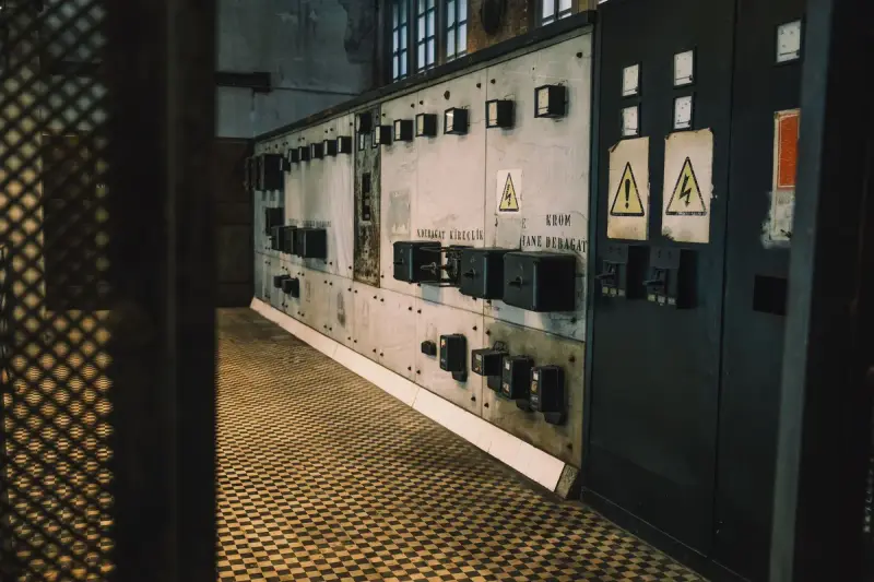 Old control panel wall with meters and warning signs in a dim switch room