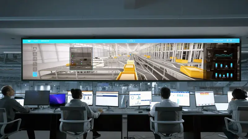Team at workstations facing a large wall display in a modern control room
