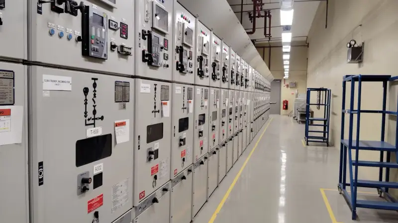 Long row of control panels inside an industrial electrical room