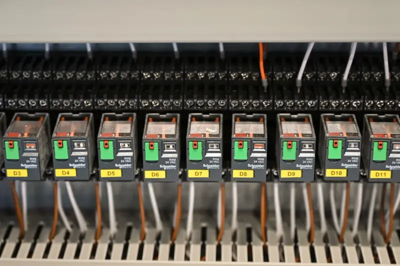 Electrical relays and wiring inside an industrial panel