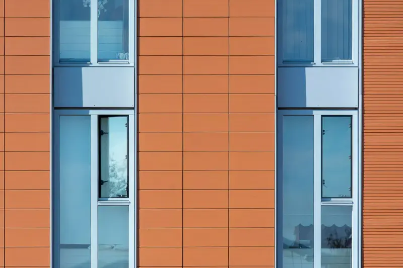 Terracotta-colored rainscreen panels framing tall blue-glazed windows on a modern facade
