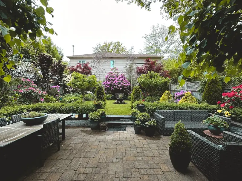 Backyard garden with flowering shrubs, lawn and patio furniture on pavers
