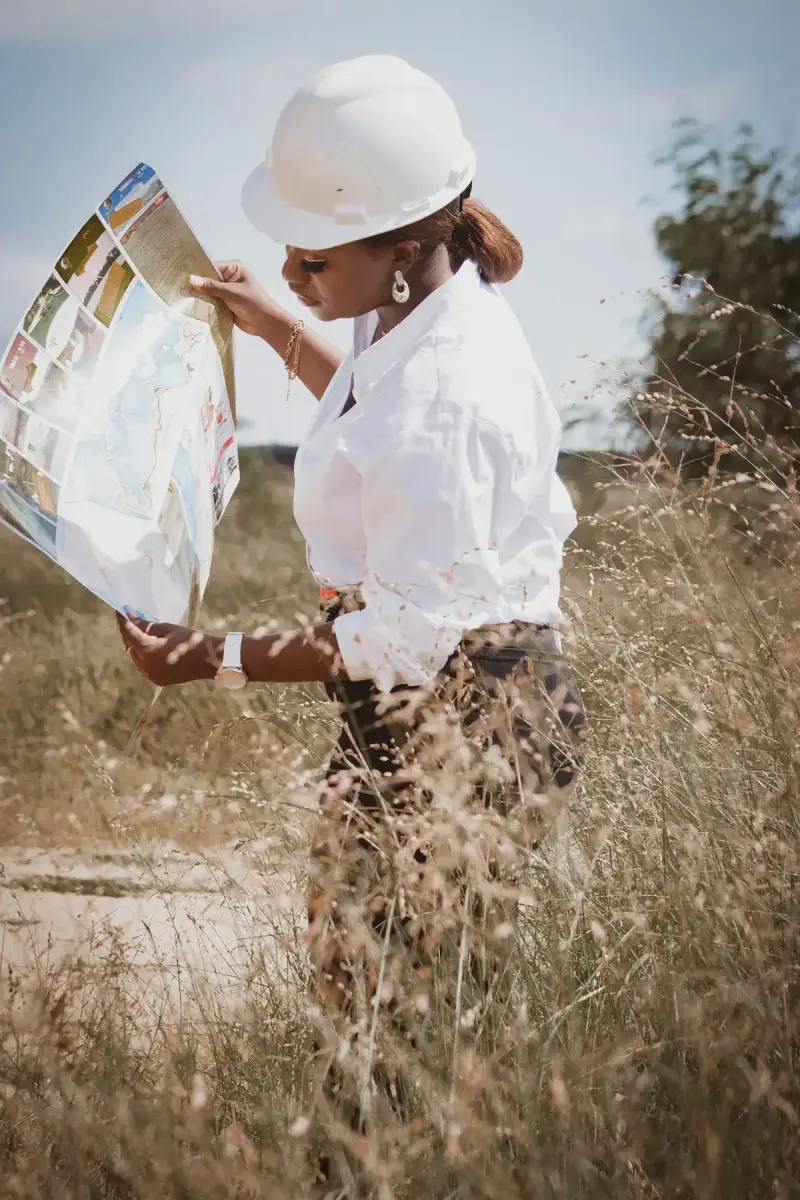 Female engineer in a white hard hat studying a site map outdoors