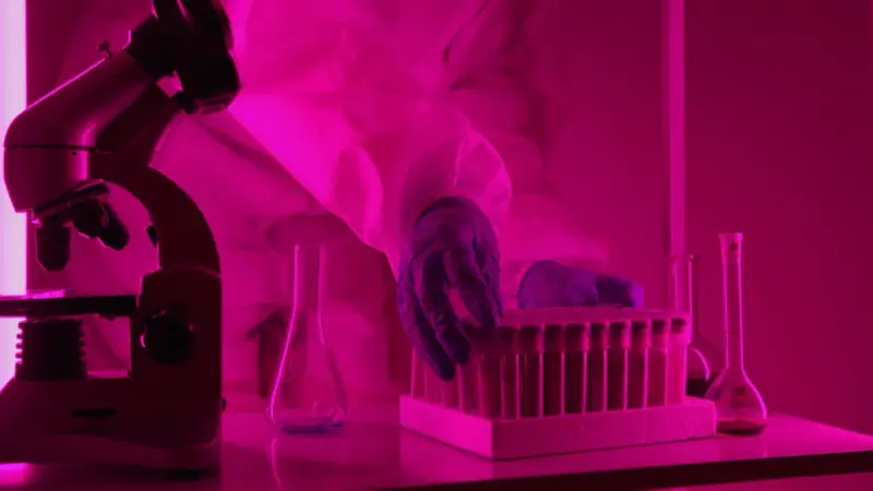 Microscope and vials in a lab bathed in magenta light with a gloved hand holding a vial rack