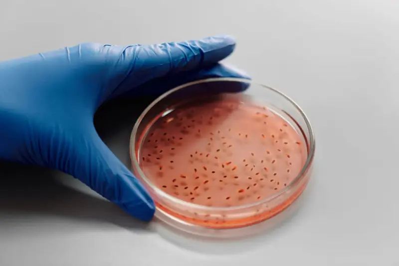 Gloved hand holding a petri dish of red colonies on a white surface