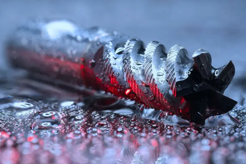 Macro view of a carbide end mill glistening with coolant droplets under red light