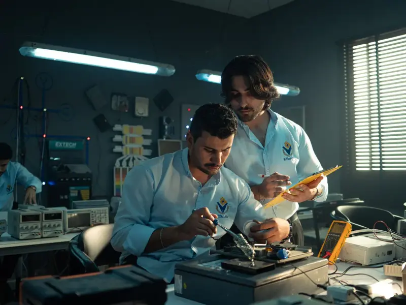 Two engineers working together at a bench in an electronics lab full of equipment