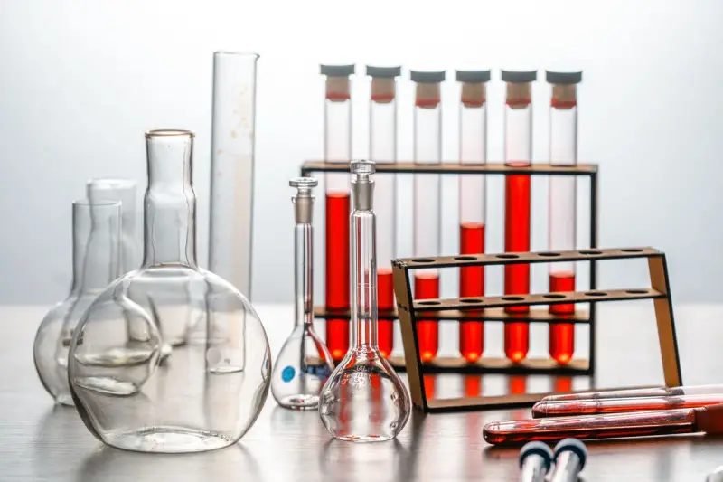 Laboratory glassware with red liquids lined up on a rack