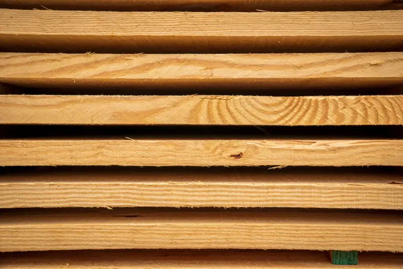 Close-up of the ends of stacked sawn boards showing grain and growth rings