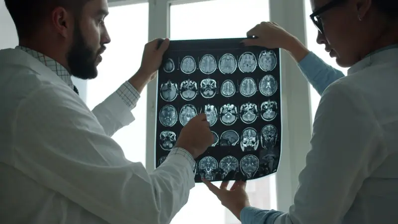 Two doctors examining MRI brain scans together in a bright hospital room