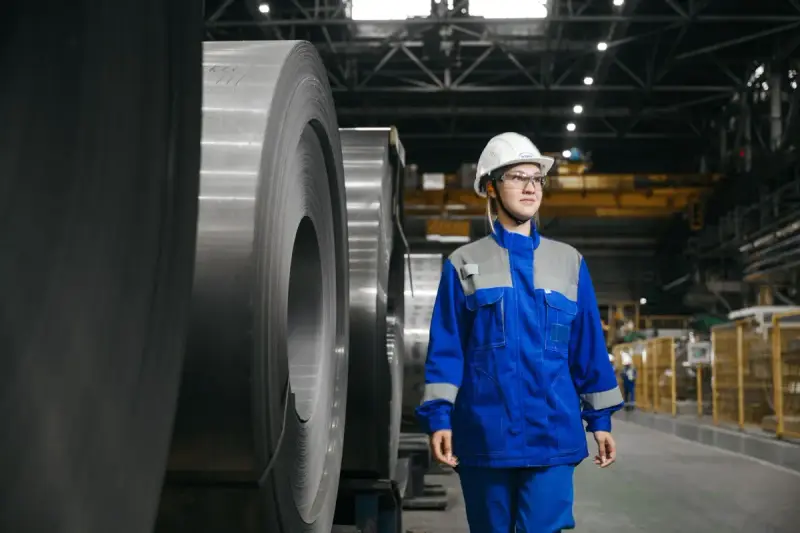 A woman in protective clothing walking through a steel manufacturing facility.