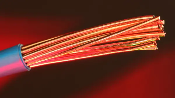 Fine copper wires illuminated with red light against a dark background