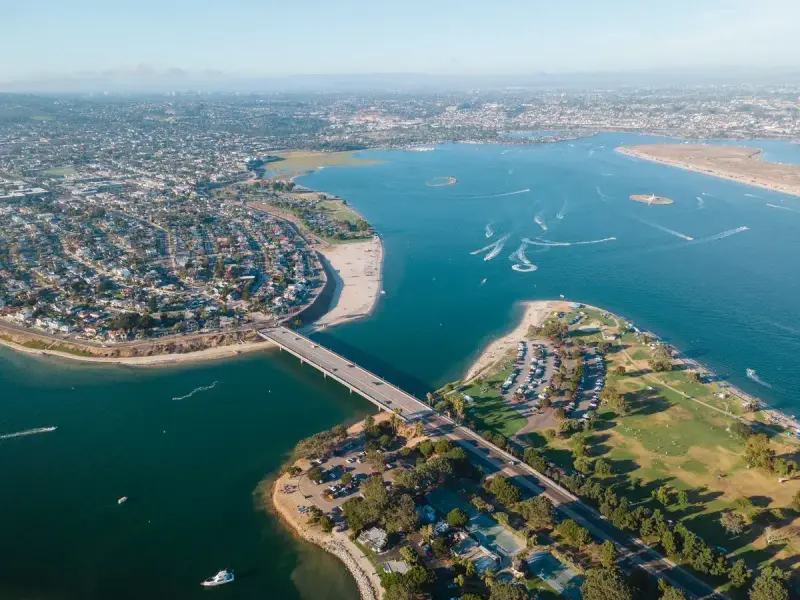 Aerial view of Mission Bay and the San Diego coastline on a clear day