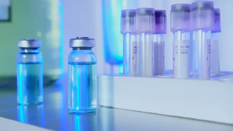 Small glass vials and capped tubes with blue liquid on a lab bench under cool light