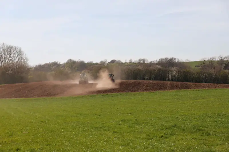 Tractors raising dust as they till a brown field beyond green grass