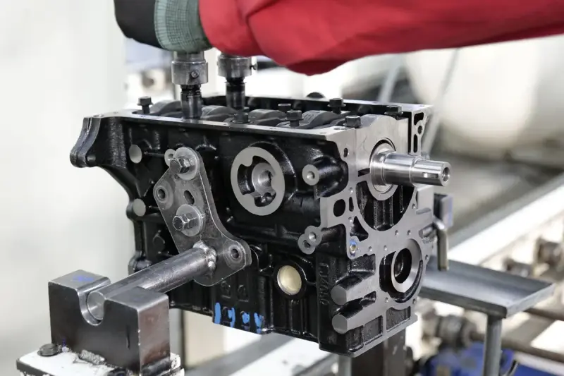 Engine block mounted on an assembly stand with a gloved technician at work