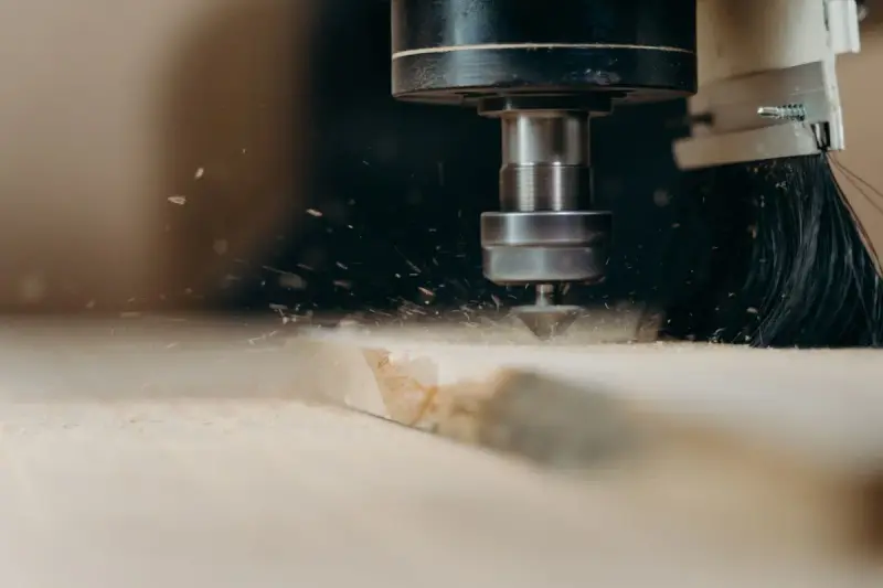 CNC router cutting a wooden panel with sawdust flying in a workshop