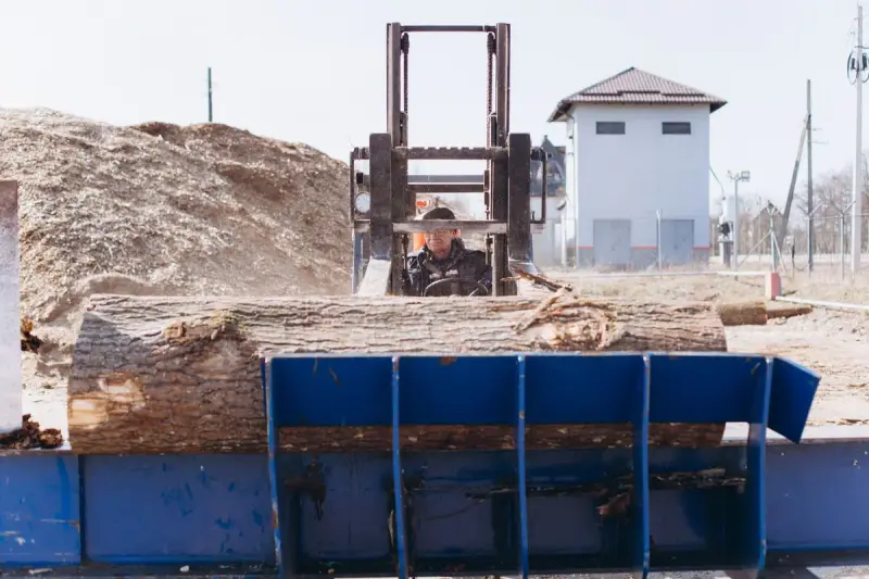 Loader operator setting a large log onto a blue sawmill infeed deck beside sawdust piles