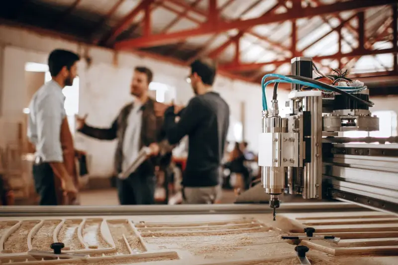Three men talking in a woodworking shop behind a CNC machine