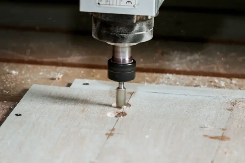 CNC router spindle cutting a groove into a pale wood panel