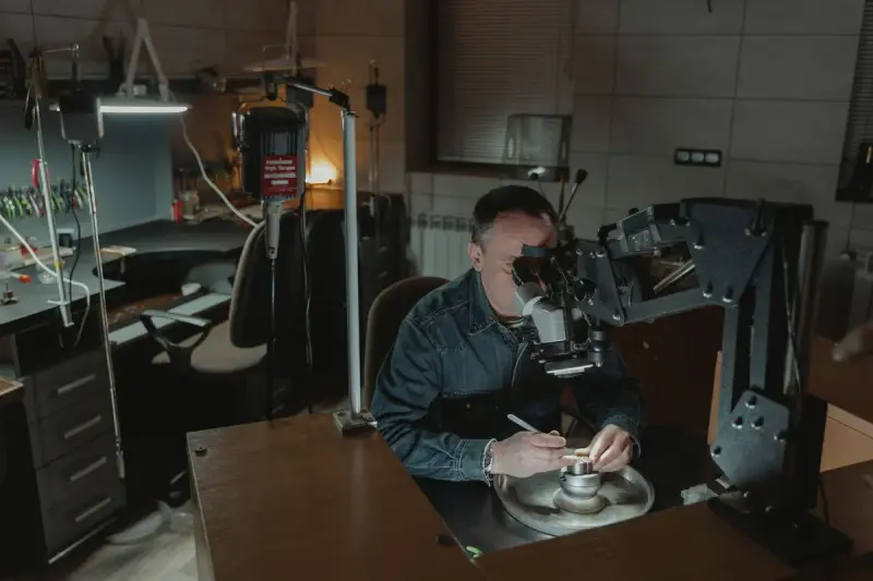 Jeweler working on a fine piece under a microscope in a dim workshop