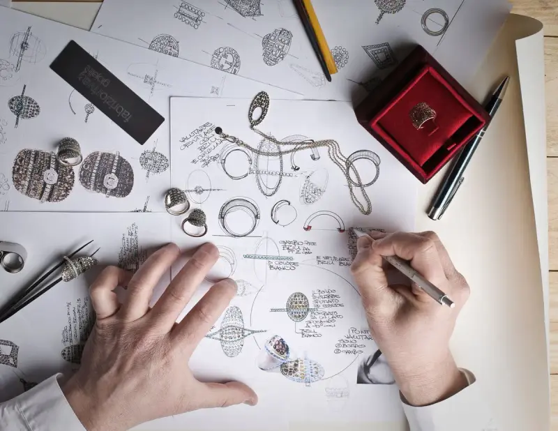 Hands sketching jewelry designs at a desk with tools and wax prototypes