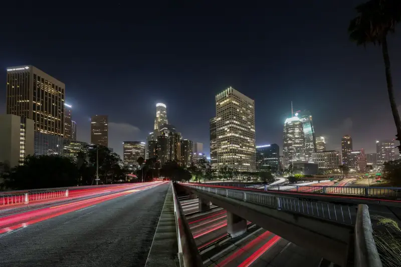 Downtown Los Angeles skyscrapers lit up at night