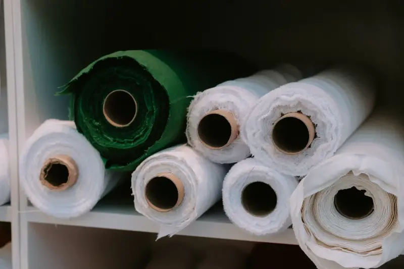 Rolls of fabric in many colors arranged on storage shelves