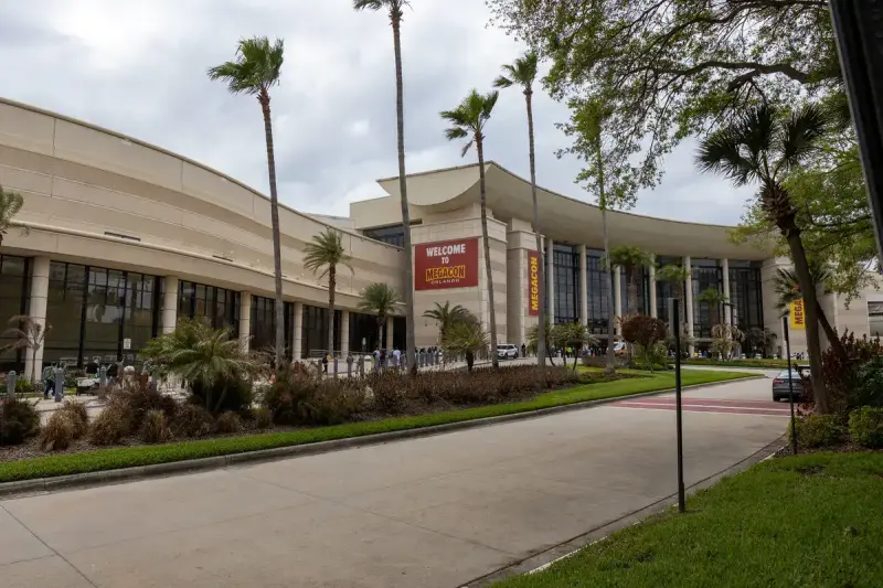 Palm-lined exterior of the Orange County Convention Center West Concourse in Orlando